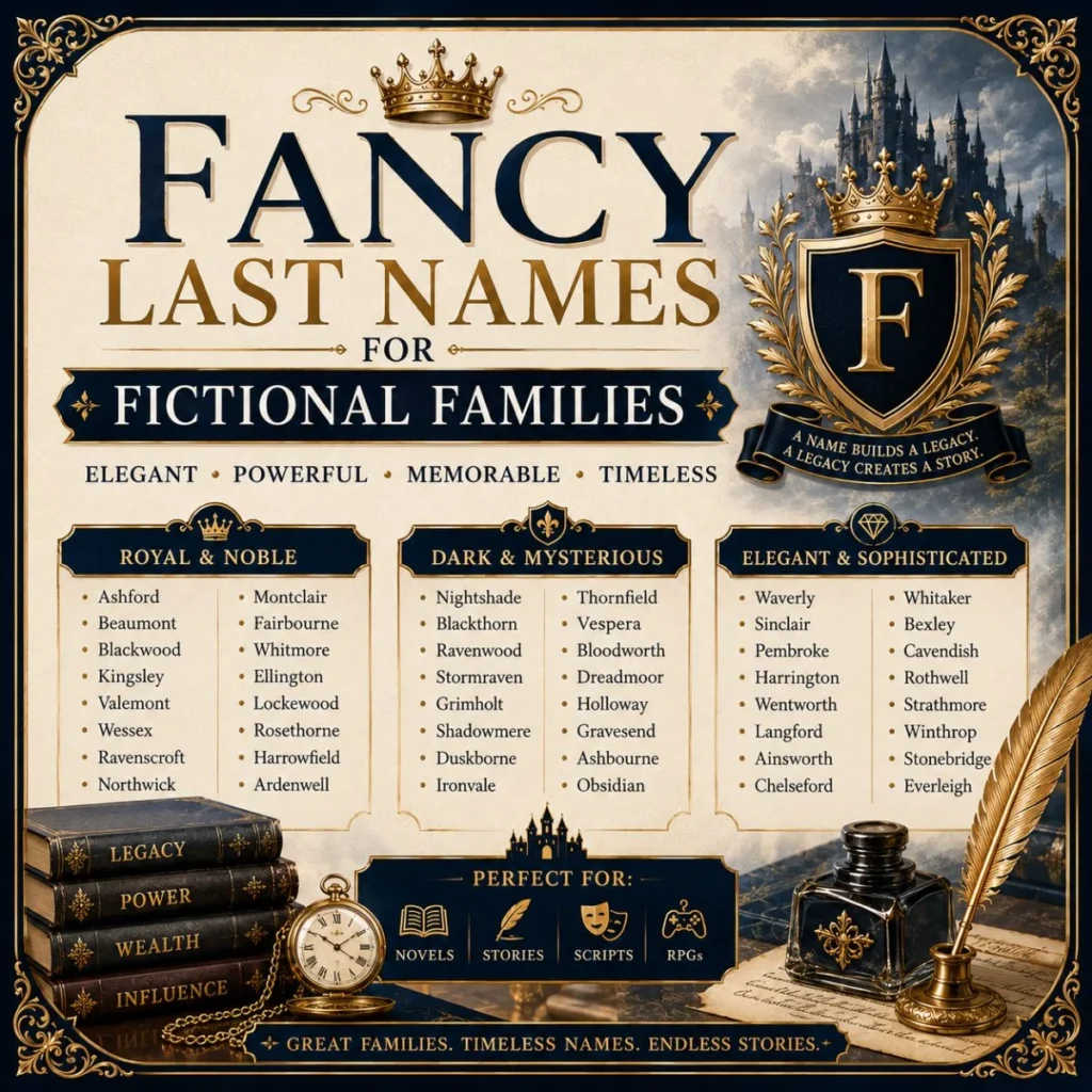 Fancy last names for fictional families with elegant, powerful, royal, dark, and sophisticated surname ideas