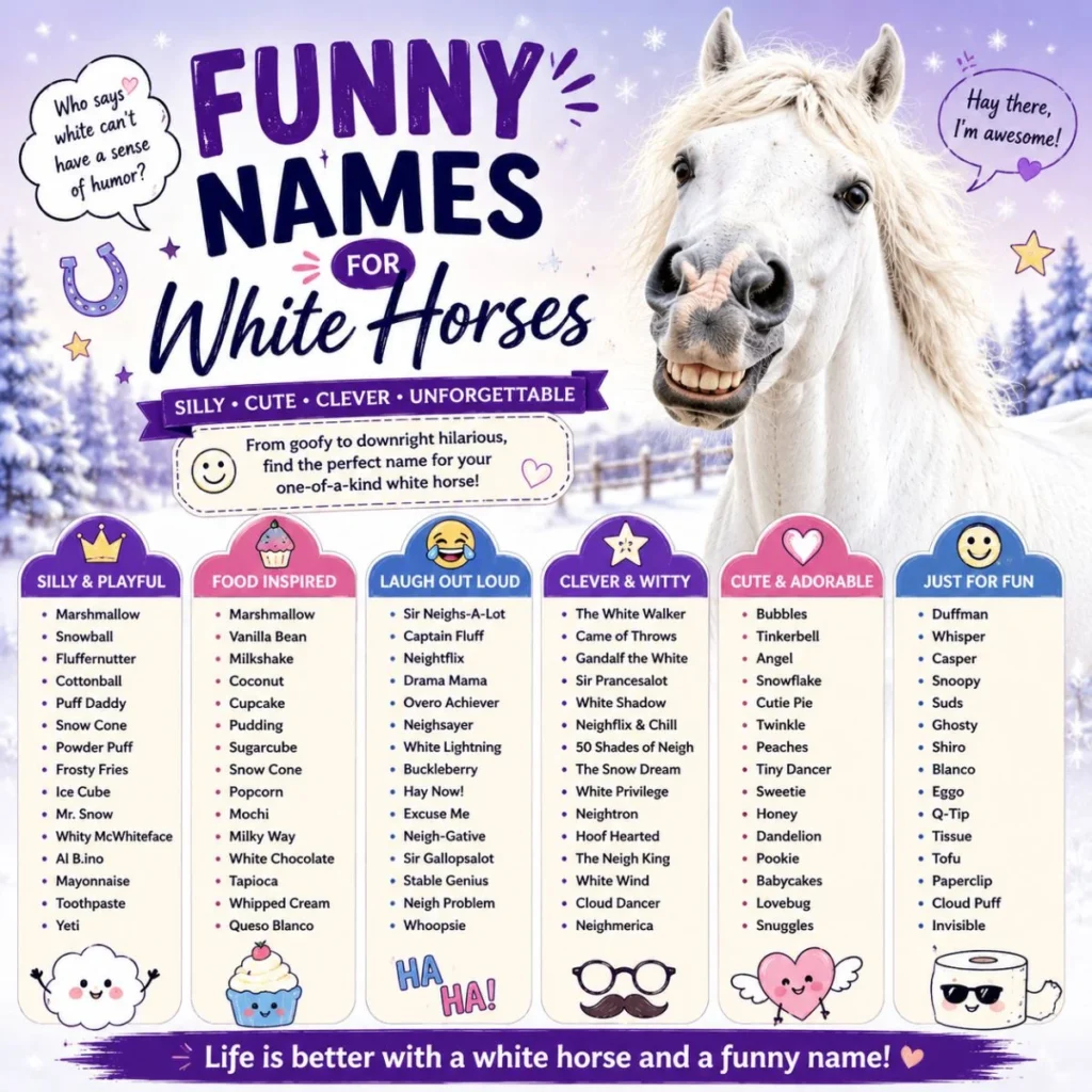 Funny names for white horses featuring silly, food-inspired, clever, cute, and playful name ideas