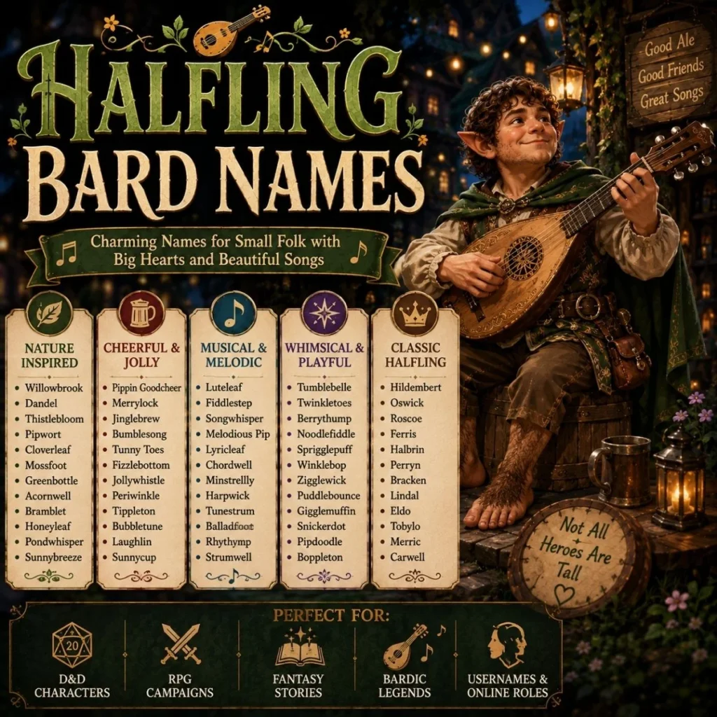 Halfling bard names infographic with charming, musical, playful, and classic fantasy name ideas