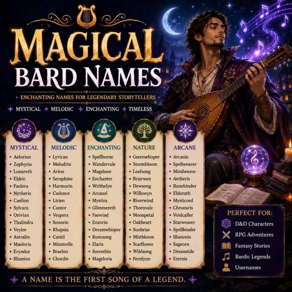 : Magical bard names infographic with mystical, melodic, enchanting, nature, and arcane name ideas