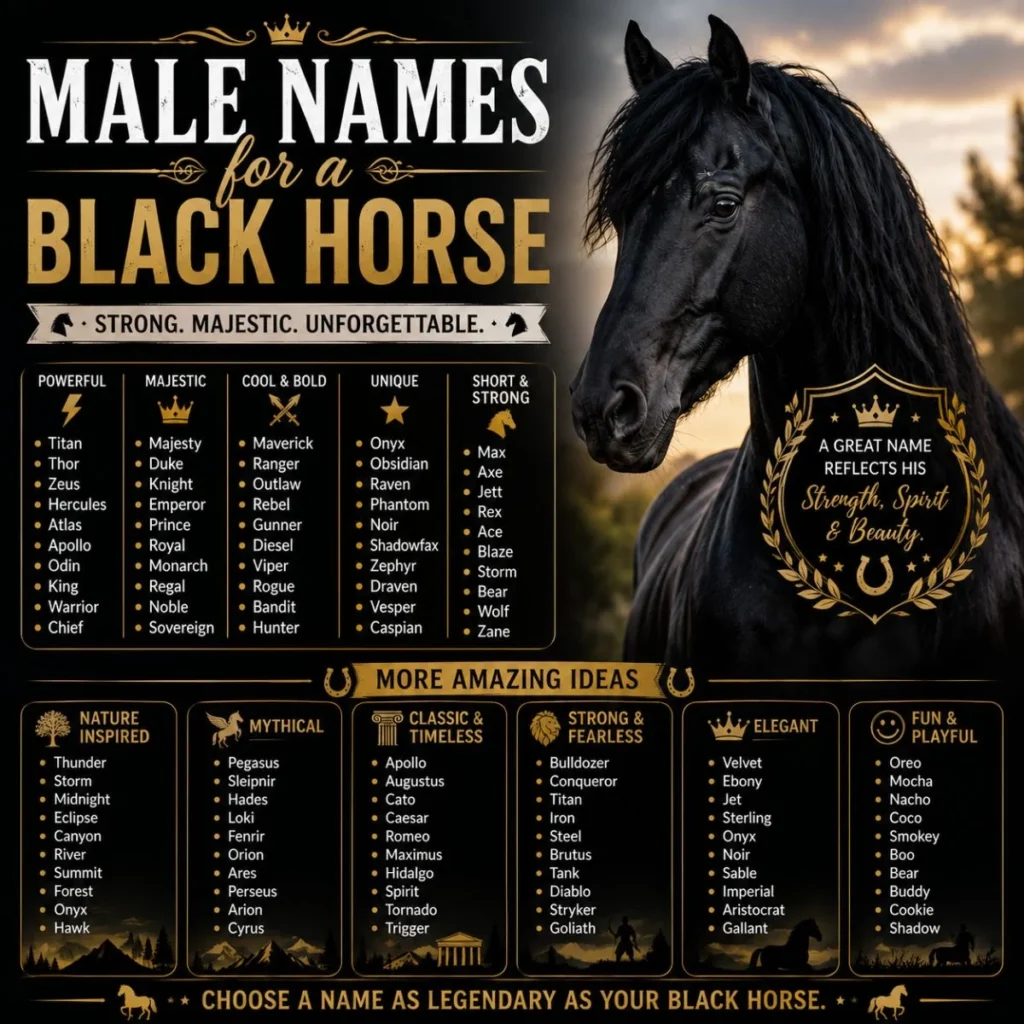 Male names for a black horse featuring strong, majestic, cool, unique, and unforgettable ideas