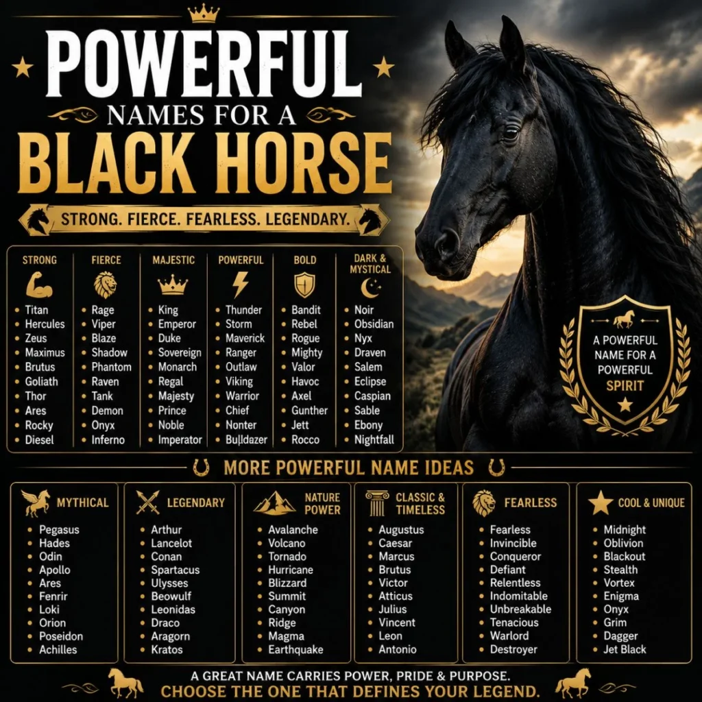 Powerful names for a black horse featuring strong, fierce, fearless, majestic, and legendary ideas