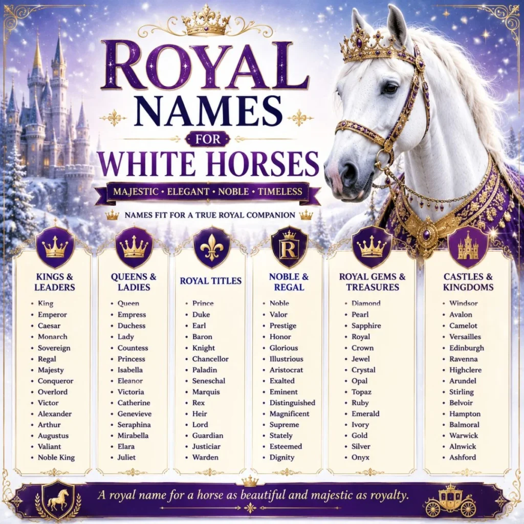 Royal names for white horses featuring noble, elegant, regal, gem-inspired, and castle-themed name ideas