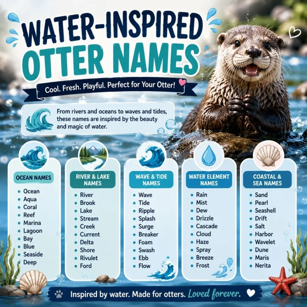 : Water-inspired otter names featuring ocean, river, wave, tide, and coastal name ideas