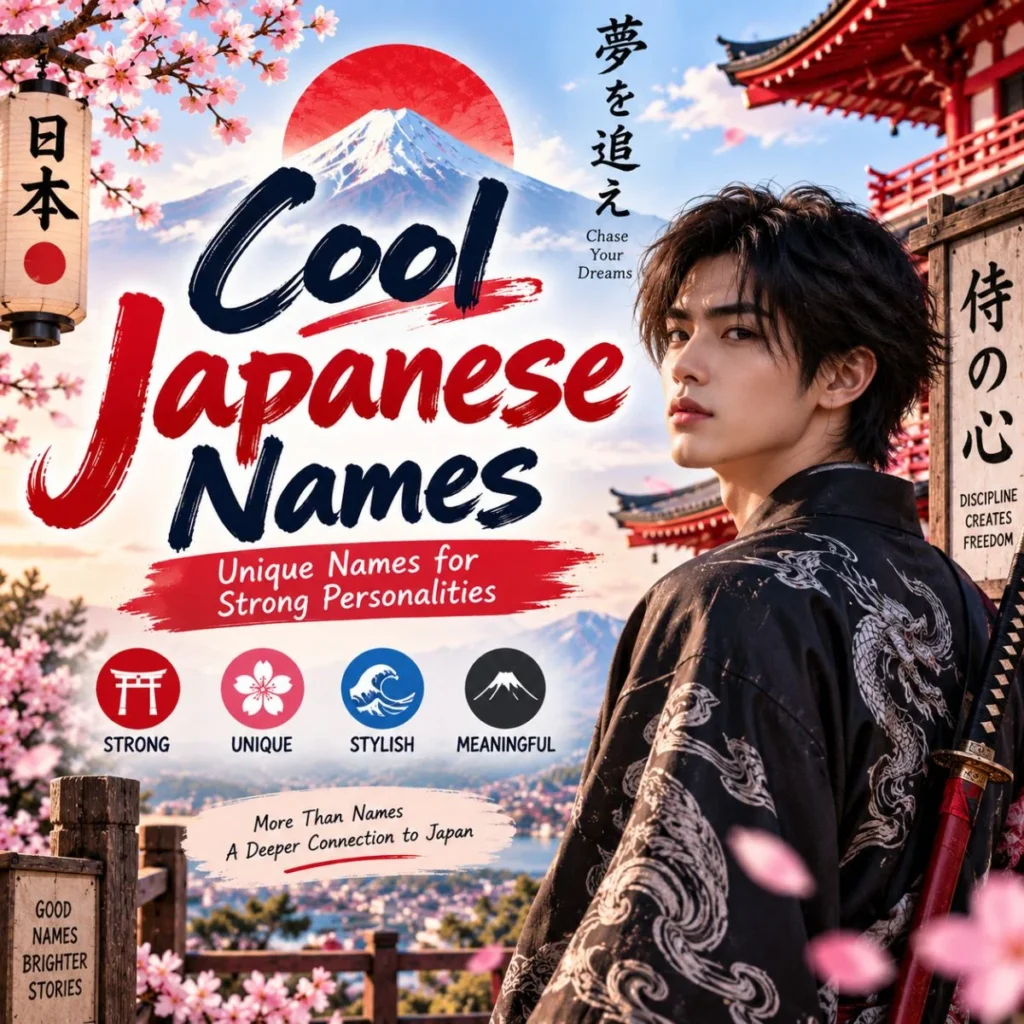Cool Japanese names banner with Mount Fuji, cherry blossoms, temples, and a traditional Japanese warrior
