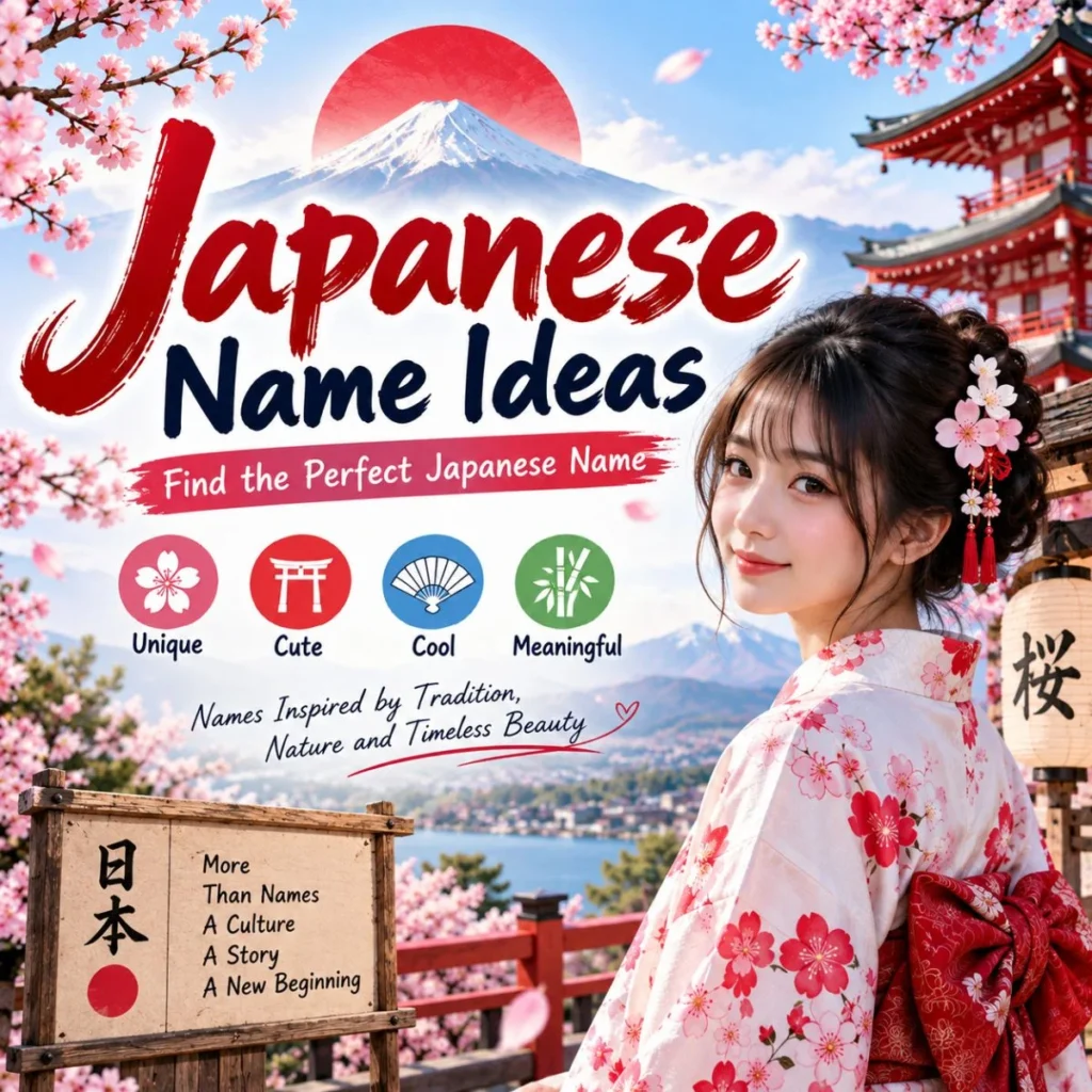 Japanese name ideas banner with cherry blossoms, Mount Fuji, pagoda, and woman in a kimono
