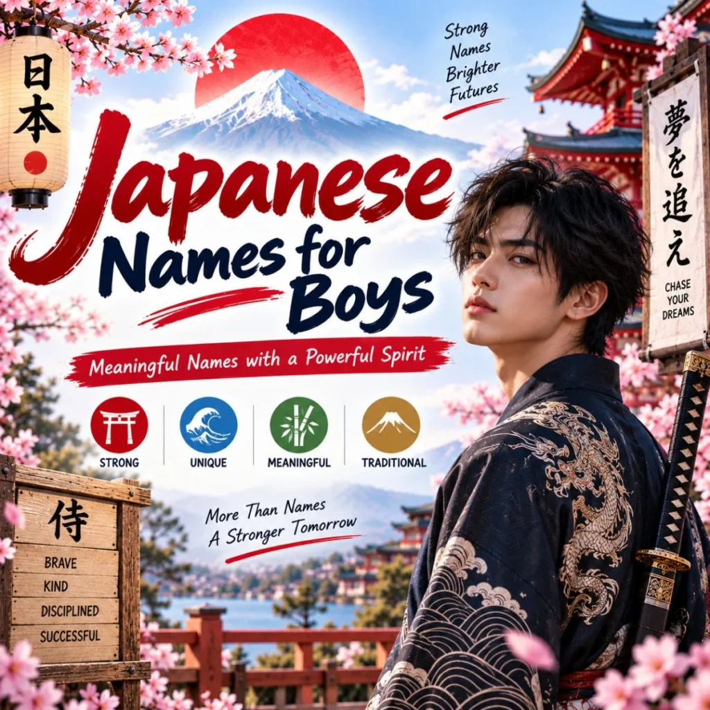 Japanese names for boys banner with Mount Fuji, cherry blossoms, pagoda, and a samurai-inspired man