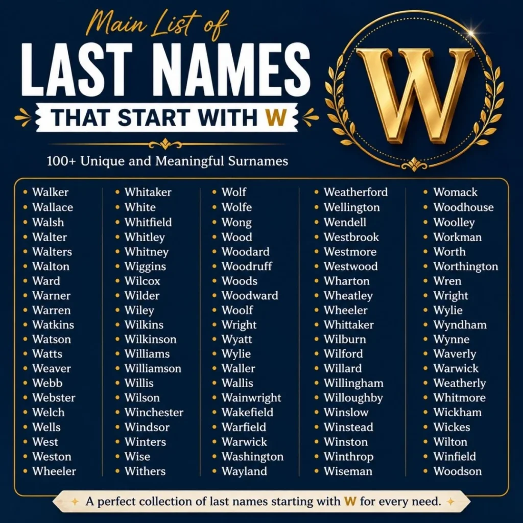 Main list of 100+ last names that start with W in a stylish surname infographic