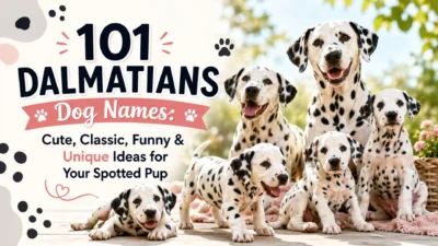 101 Dalmatians dog names banner with spotted Dalmatian puppies and adults in a bright outdoor setting