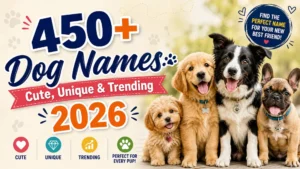 450+ dog names 2026 banner with cute puppies and colorful text for unique, trending and adorable pet names