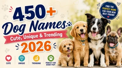 450+ dog names 2026 banner with cute puppies and colorful text for unique, trending and adorable pet names
