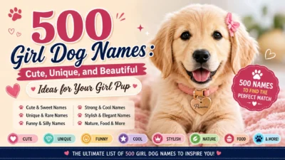 Cute golden puppy with 500 girl dog names thumbnail for unique, beautiful, and sweet female dog name ideas