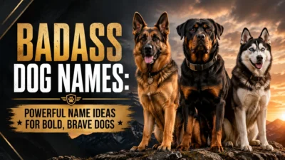 Badass dog names banner with German Shepherd, Rottweiler, and Husky standing bravely