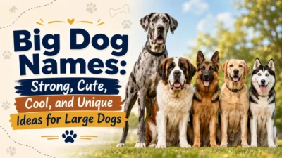 Big dog names banner with Great Dane, Saint Bernard, German Shepherd, Labrador, and Husky