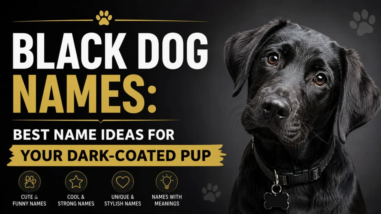 Black dog names thumbnail with a cute dark-coated puppy and bold name ideas headline