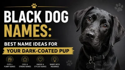 Black dog names thumbnail with a cute dark-coated puppy and bold name ideas headline