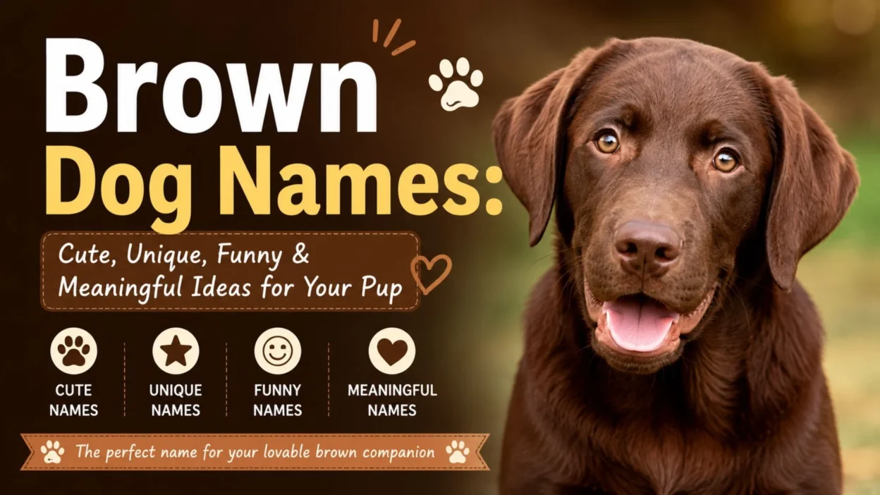 Brown dog names thumbnail with cute chocolate puppy and name ideas for unique, funny, and meaningful pup names