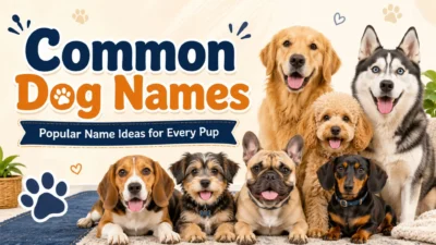 : Common dog names banner with happy popular dog breeds and cute puppy name ideas