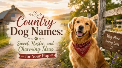 Country dog names banner with golden retriever in rustic countryside farm scene