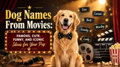 Golden retriever with movie props and dog names from movies in a cinematic blog banner