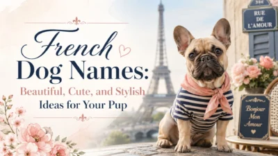 French Bulldog in Paris with stylish French dog names title and Eiffel Tower background