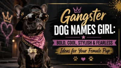Gangster dog names girl hero image with stylish female pup in sunglasses, cap, bandana, and bold title text