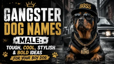 Gangster dog names male poster with tough Rottweiler, boss cap, sunglasses, gold chain, and bold urban style