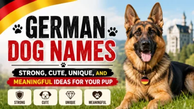 German Shepherd with German dog names text, castle background, and strong cute unique meaningful name ideas