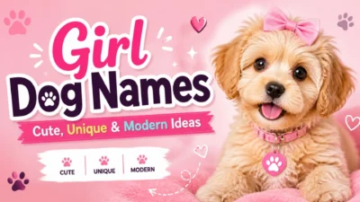 Cute puppy with pink bow for girl dog names, cute unique and modern ideas