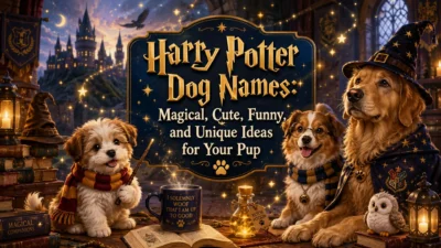 Harry Potter dog names image with magical dogs, wizard hats, books, castle, and glowing fantasy lights
