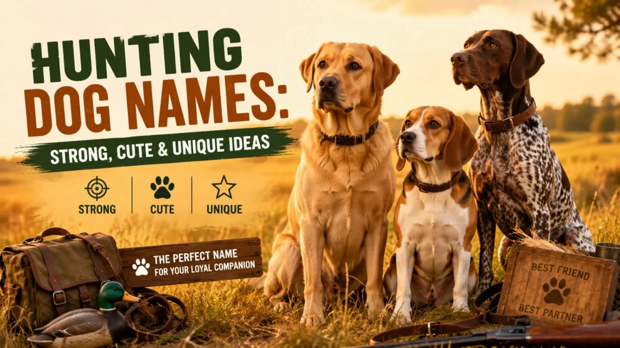 Hunting dog names banner with three loyal dogs in a golden outdoor field