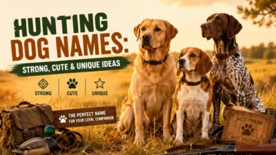 Hunting dog names banner with three loyal dogs in a golden outdoor field