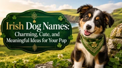 Cute puppy with Irish dog names title, shamrocks, Celtic design, and green countryside background