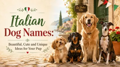 Italian dog names blog image with cute dogs sitting in a warm Mediterranean village scene