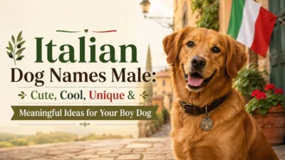 Italian dog names male hero image with happy golden dog, Italian flag, and warm countryside background