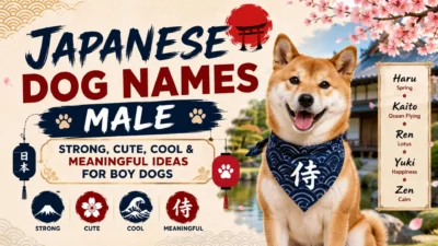Japanese dog names male banner with happy Shiba Inu, cherry blossoms, and strong cute cool name ideas