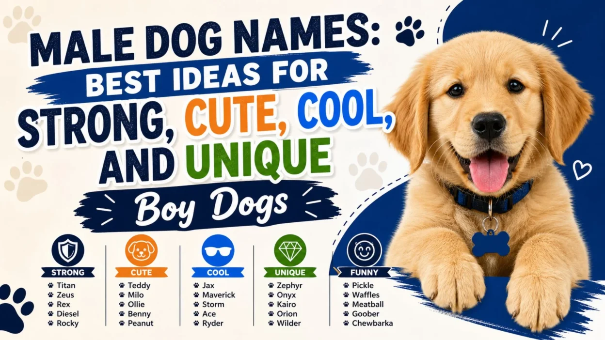 Male dog names infographic with cute puppy and strong, cute, cool, unique boy dog name ideas