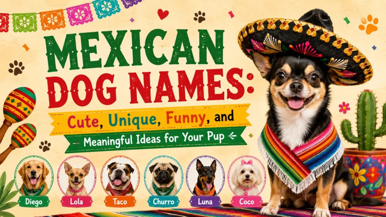 Mexican dog names poster with a cute Chihuahua in sombrero and colorful fiesta design