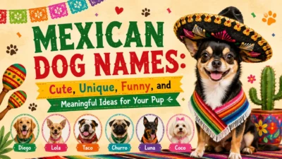 Mexican dog names poster with a cute Chihuahua in sombrero and colorful fiesta design