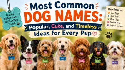 Most common dog names banner with cute dogs and popular name ideas for every pup
