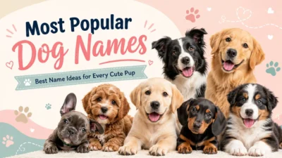 Cute puppies with playful banner text for most popular dog names and name ideas for every pup