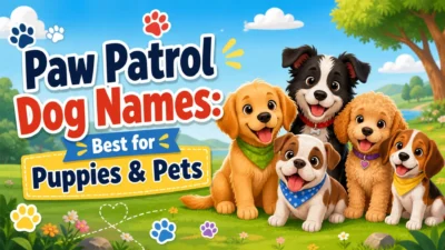 Paw Patrol dog names banner with cute puppies for pets and playful puppy name ideas