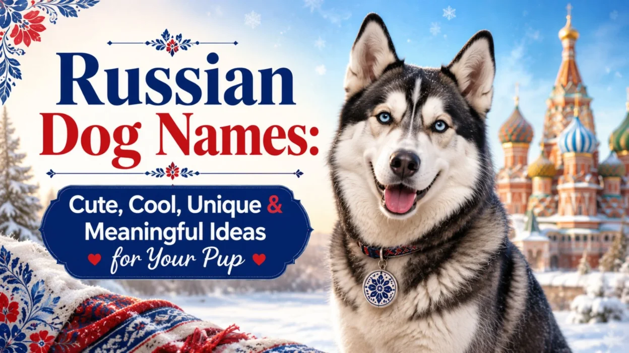 Russian dog names image with happy husky, snowy background, and Russian-inspired design