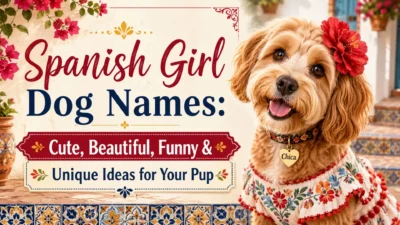 Spanish girl dog names featured image with cute pup, red flower, and colorful Spanish-style design