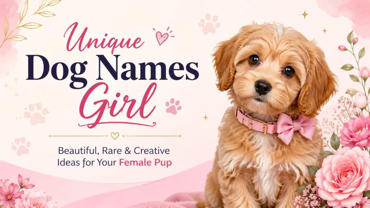 Unique dog names girl cover image with cute female puppy, pink floral design, and creative naming ideas headline
