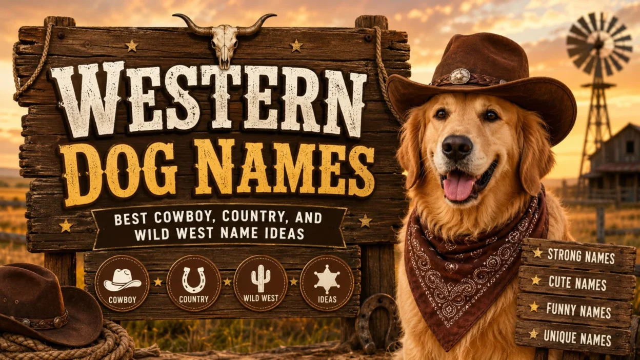 Western dog names graphic with cowboy dog, ranch sunset, wooden sign, and Wild West name ideas