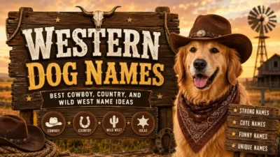 Western dog names graphic with cowboy dog, ranch sunset, wooden sign, and Wild West name ideas