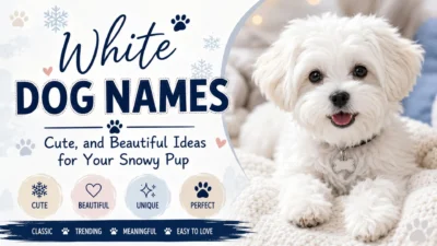 Cute white puppy with snowy design for white dog names and beautiful snowy pup name ideas