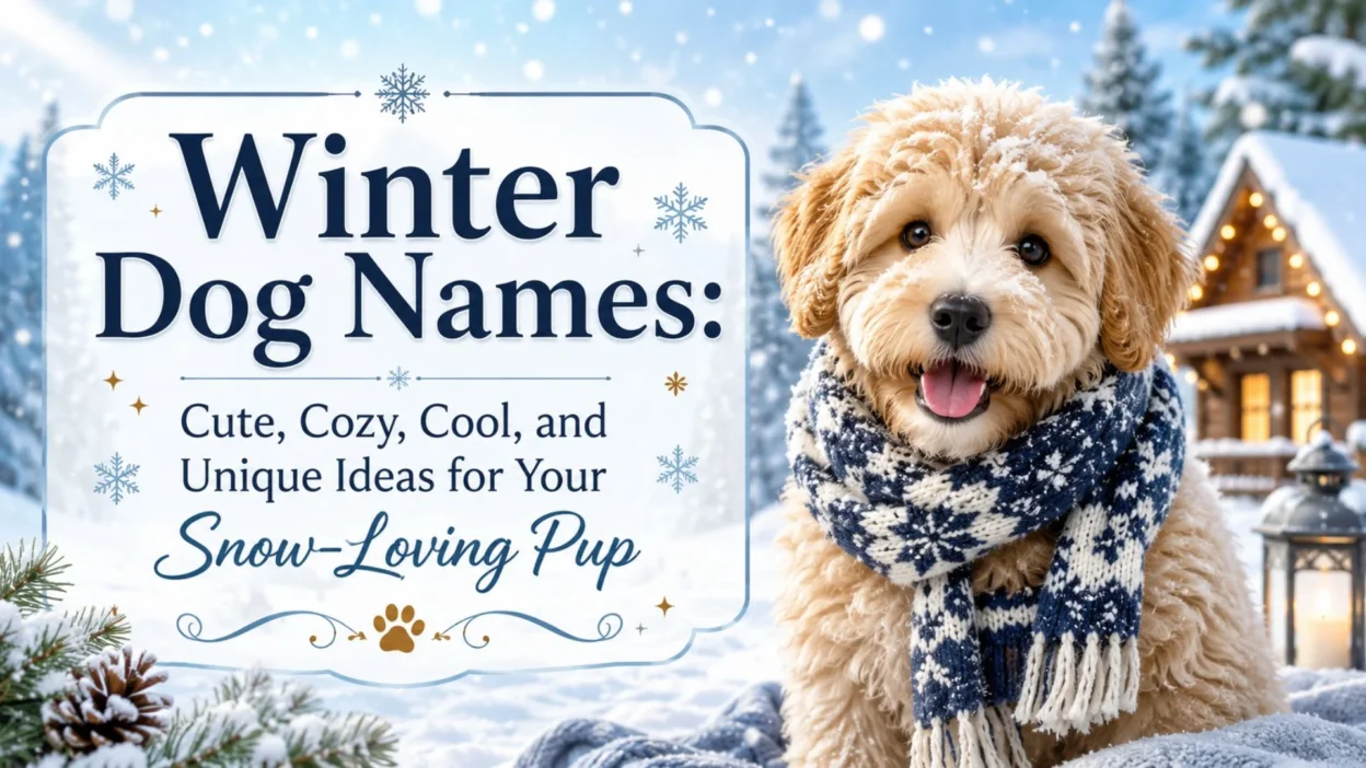 Winter dog names banner with cute scarf-wearing pup in snowy cabin scene