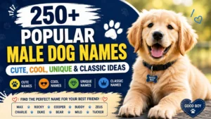 250+ popular male dog names with a happy Golden Retriever puppy, featuring cute, cool, unique, and classic dog name ideas